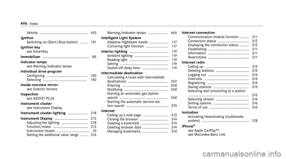 MERCEDES-BENZ C-CLASS COUPE 2019 Owners Manual Ve
hicle .................................................4 10
Ignit ion
Swit ching on(Start/S topbutt on) ........ 131
Ignit ionkey
see Smar tKey
Imm obiliz er........................................ MERCEDES-BENZ C-CLASS COUPE 2019 Owners Manual Ve
hicle .................................................4 10
Ignit ion
Swit ching on(Start/S topbutt on) ........ 131
Ignit ionkey
see Smar tKey
Imm obiliz er........................................