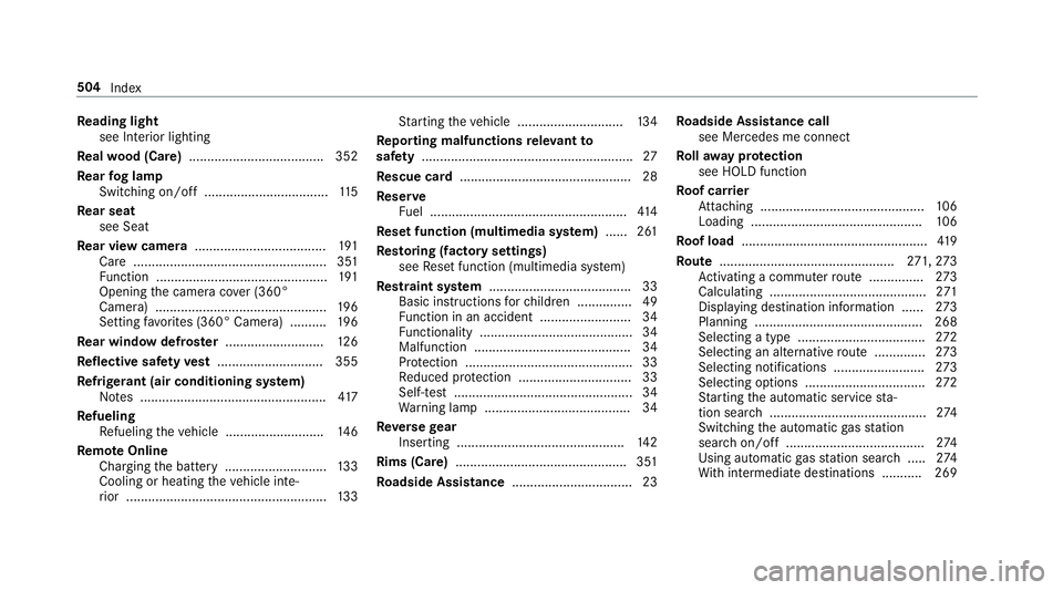 MERCEDES-BENZ C-CLASS COUPE 2019  Owners Manual Re
ading light
see Interior lighting
Re alwo od (Car e).....................................3 52
Re ar foglam p
Switc hingon/off............................ ...... 115
Re ar seat
see Seat
Re ar vie wc