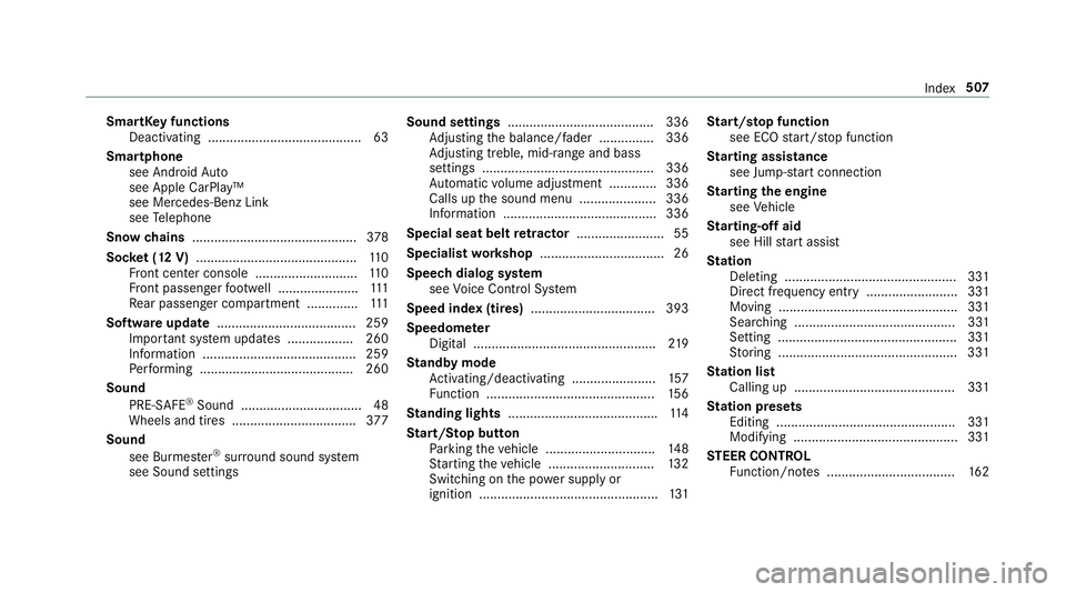 MERCEDES-BENZ C-CLASS COUPE 2019 Owners Manual Smar
tKey functio ns
Deactiv ating.......................................... 63
Smar tphone
see Andr oidAuto
see Apple CarPla y™
see Mercedes-Benz Link
see Telephon e
Sno wch ains .................. MERCEDES-BENZ C-CLASS COUPE 2019 Owners Manual Smar
tKey functio ns
Deactiv ating.......................................... 63
Smar tphone
see Andr oidAuto
see Apple CarPla y™
see Mercedes-Benz Link
see Telephon e
Sno wch ains ..................