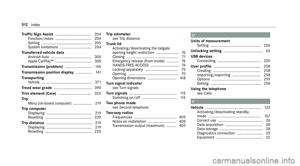 MERCEDES-BENZ C-CLASS COUPE 2019  Owners Manual Tr
af fic Sign Assis t.... ...............................2 04
Fu nctio n/no tes ...... ............................. 204
Se ttin g.................................................2 05
Sy stem limit a