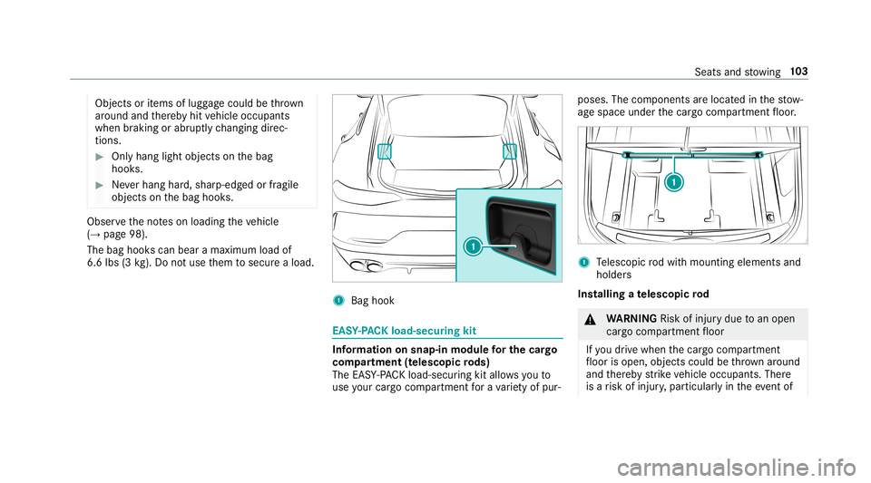 MERCEDES-BENZ AMG GT 4-DOOR COUPE 2019 Owners Manual Objects
oritems oflugg agecould bethrow n
ar oun dand ther eb yhit vehicle occupants
when braking orabr uptly ch ang ingdirec‐
tio ns. #
Onlyhang lightobject son thebag
hook s. #
Neverhang hard,shar MERCEDES-BENZ AMG GT 4-DOOR COUPE 2019 Owners Manual Objects
oritems oflugg agecould bethrow n
ar oun dand ther eb yhit vehicle occupants
when braking orabr uptly ch ang ingdirec‐
tio ns. #
Onlyhang lightobject son thebag
hook s. #
Neverhang hard,shar