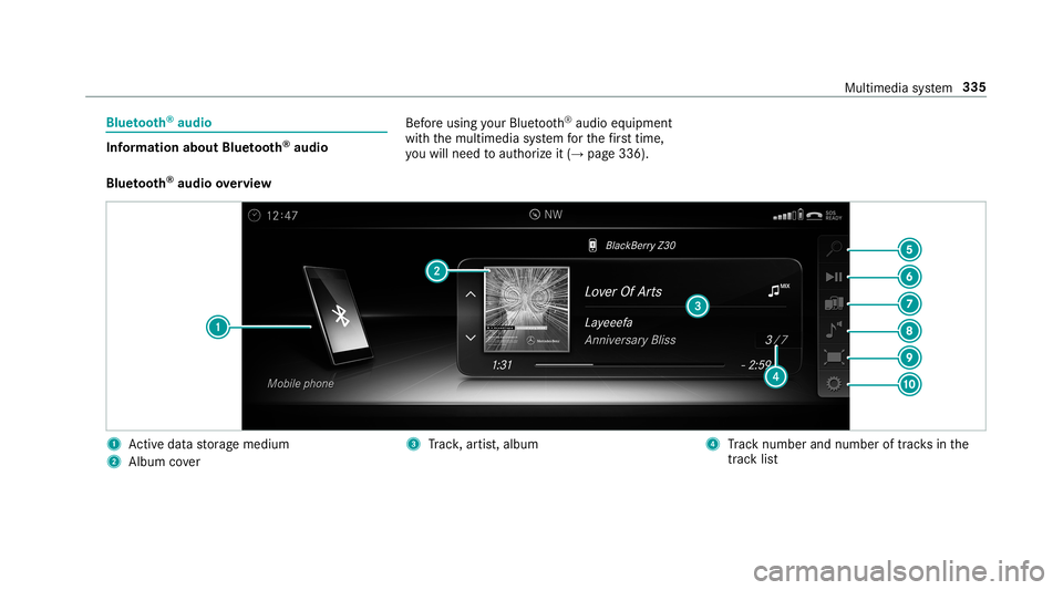 MERCEDES-BENZ AMG GT 4-DOOR COUPE 2019  Owners Manual Blue
tooth®
audio Inf
ormation aboutBluetooth®
audio Bef
oreusi ng your Blue tooth®
audio equipme nt
wit hth emultimedia system forth efirs ttim e,
yo uwill need toaut hor ize it(→ pag e33 6).
Bl