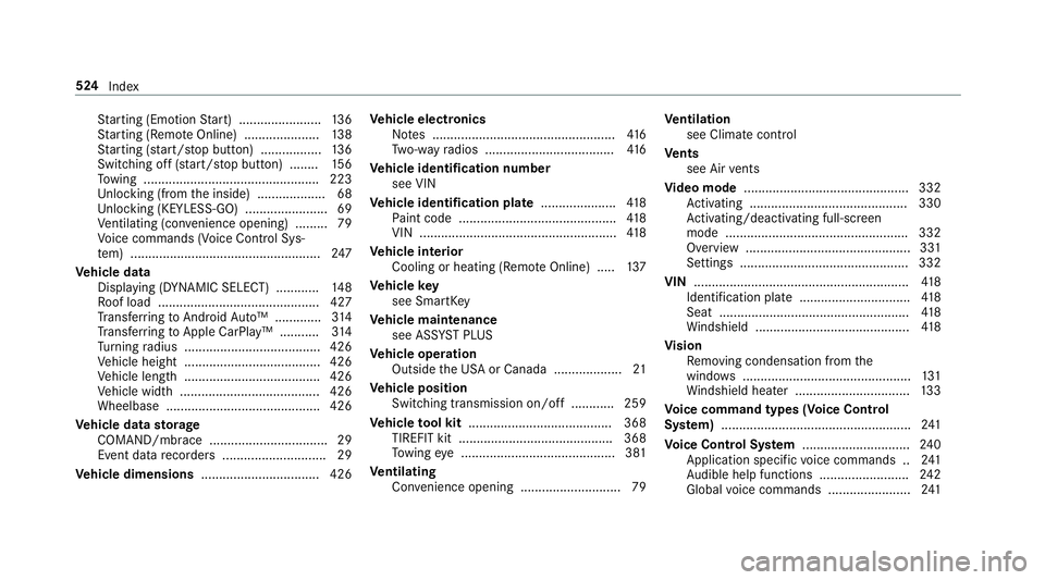 MERCEDES-BENZ AMG GT 4-DOOR COUPE 2019  Owners Manual St
artin g(Em otion Start) .................. .....1 36
St artin g(R emo teOnline) ............... ...... 138
St artin g(sta rt/s topbutt on) ............ .....1 36
Switc hingoff(s ta rt/s topbutt on)