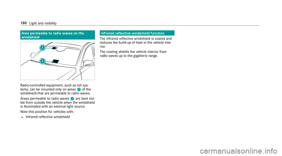 MERCEDES-BENZ E-CLASS COUPE 2019  AMG Owners Manual Ar
ea per mea bletoradio wav eson the
wind shield Ra
dio-co ntro lled equipmen t,suc has tollsy s‐
te ms, can bemount edonly onareas 1ofthe
winds hieldthat areper meabl eto radio wav es.
Ar eas perm