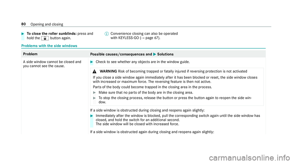 MERCEDES-BENZ E-CLASS COUPE 2019 AMG Manual Online 0007
Toclose thero ller sunblind s:press and
hold the0037 buttonagain. 0009
Con venie nce closing can also be operated
wi th KEYLESS- GO(→pag e67 ). Pr
oblems withth eside windo ws Pr
oblem
Possible MERCEDES-BENZ E-CLASS COUPE 2019 AMG Manual Online 0007
Toclose thero ller sunblind s:press and
hold the0037 buttonagain. 0009
Con venie nce closing can also be operated
wi th KEYLESS- GO(→pag e67 ). Pr
oblems withth eside windo ws Pr
oblem
Possible