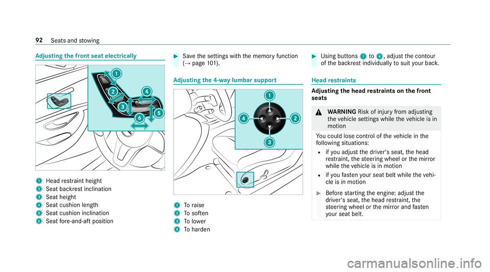 MERCEDES-BENZ E-CLASS COUPE 2019  AMG Owners Manual Ad
jus tingthe fron tse at elec tric all y 1
Headre stra int height
2 Seat backres tinc linat ion
3 Seat height
4 Seat cushio nlengt h
5 Seat cushio ninc linat ion
6 Seat fore -and -aftpos ition 0007
