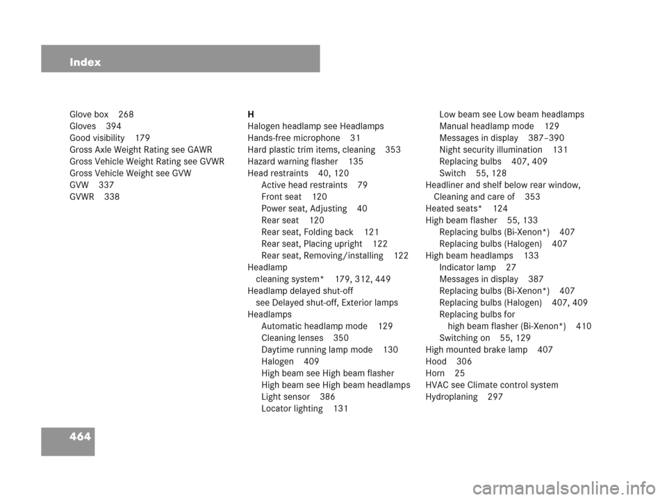 MERCEDES-BENZ CLK550 COUPE 2007 C209 Owners Manual 464 Index
Glove box 268
Gloves 394
Good visibility 179
Gross Axle Weight Rating see GAWR
Gross Vehicle Weight Rating see GVWR
Gross Vehicle Weight see GVW
GVW 337
GVWR 338H
Halogen headlamp see Headla