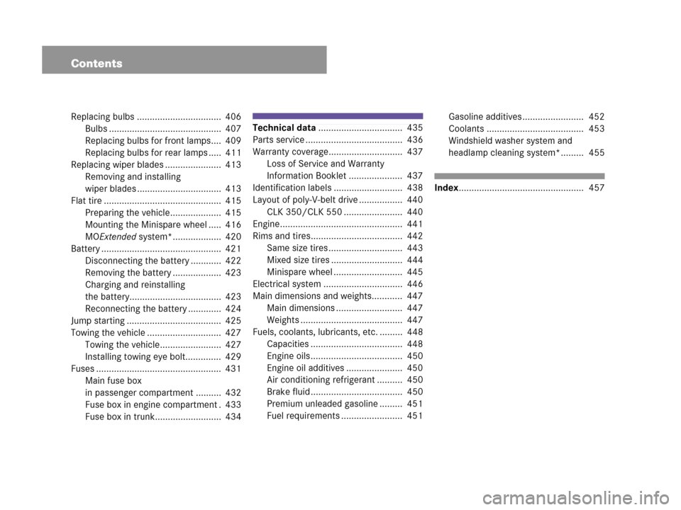 MERCEDES-BENZ CLK350 COUPE 2007 C209 Owners Manual Contents
Replacing bulbs .................................  406
Bulbs ............................................  407
Replacing bulbs for front lamps....  409
Replacing bulbs for rear lamps .....  4