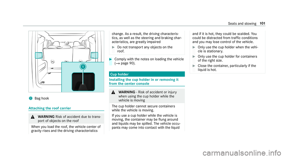 MERCEDES-BENZ G-CLASS 2019 Owners Manual 1
Bag hook At
tac hin gth ero of car rier &
WARNIN GRisk ofacci dent dueto trans ‐
po rtof object son thero of
When youload thero of, theve hicle centerof
gr av ity rises and thedr iving charact eri MERCEDES-BENZ G-CLASS 2019 Owners Manual 1
Bag hook At
tac hin gth ero of car rier &
WARNIN GRisk ofacci dent dueto trans ‐
po rtof object son thero of
When youload thero of, theve hicle centerof
gr av ity rises and thedr iving charact eri