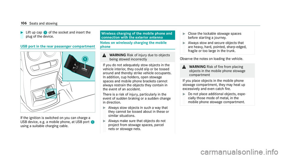 MERCEDES-BENZ G-CLASS 2019 Owners Manual #
Liftup cap 1ofthesoc ketand insertth e
plug ofthede vice. USB
portin there ar passe nger comp artment If
th eignition isswitc hedonyoucan charge a
USB device, e.g.amobile phone, atUSB port1
using as MERCEDES-BENZ G-CLASS 2019 Owners Manual #
Liftup cap 1ofthesoc ketand insertth e
plug ofthede vice. USB
portin there ar passe nger comp artment If
th eignition isswitc hedonyoucan charge a
USB device, e.g.amobile phone, atUSB port1
using as