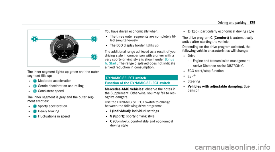 MERCEDES-BENZ G-CLASS 2019 Owners Manual The
inner segment lightsupgreen and theout er
segment fills up:
R 1 Moderat eacc eler ation
R 2 Gent ledecele ratio nand rolling
R 3 Consis tent spe ed
The inne rseg ment isgray and theout erseg‐
me MERCEDES-BENZ G-CLASS 2019 Owners Manual The
inner segment lightsupgreen and theout er
segment fills up:
R 1 Moderat eacc eler ation
R 2 Gent ledecele ratio nand rolling
R 3 Consis tent spe ed
The inne rseg ment isgray and theout erseg‐
me