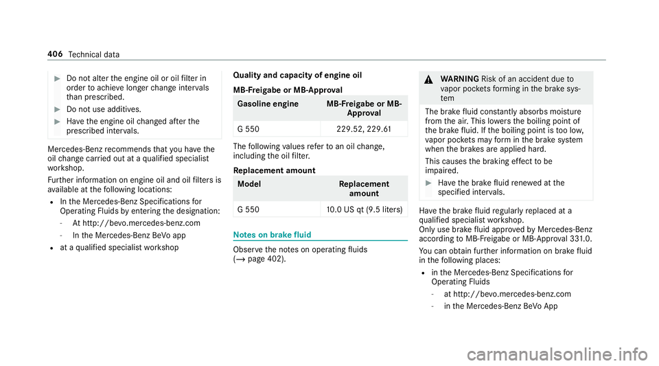 MERCEDES-BENZ G-CLASS 2019 Owners Manual #
Donotal te rth eengine oiloroil filt er in
or der toachie velong erchang eint erva ls
th an presc ribed. #
Donotuse additiv es. #
Have theengine oilchang edafte rth e
pr escr ibed interva ls. Mer
ce MERCEDES-BENZ G-CLASS 2019 Owners Manual #
Donotal te rth eengine oiloroil filt er in
or der toachie velong erchang eint erva ls
th an presc ribed. #
Donotuse additiv es. #
Have theengine oilchang edafte rth e
pr escr ibed interva ls. Mer
ce