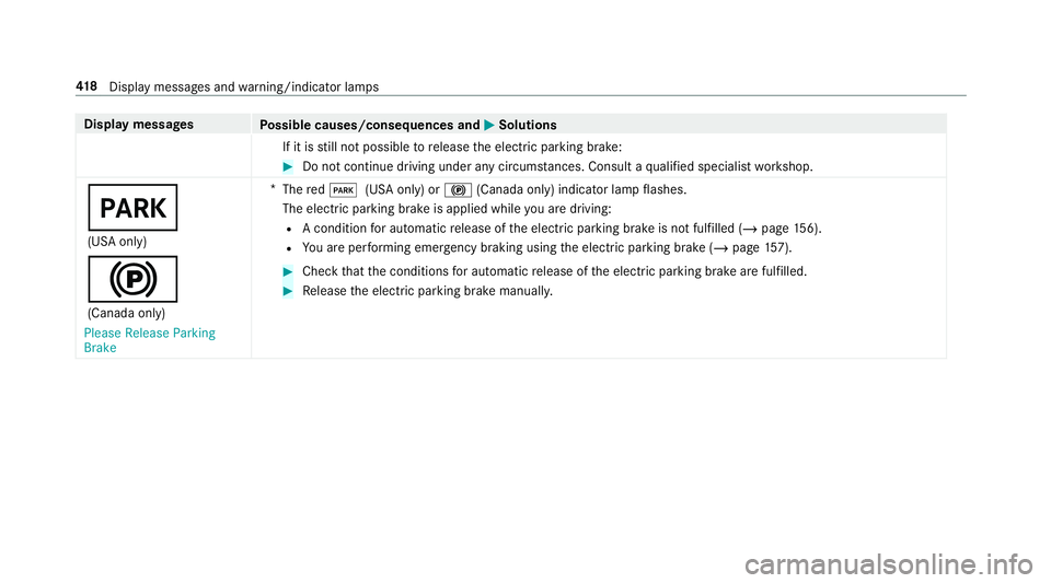 MERCEDES-BENZ G-CLASS 2019 Owners Manual Disp
laymes sages
Possible causes/conseq uencesand0050 0050
Solutions
If it is still no tpossible torelease theelectr icpar king brak e: #
Donotcon tinue driving under anycir cums tances. Consu ltaqu MERCEDES-BENZ G-CLASS 2019 Owners Manual Disp
laymes sages
Possible causes/conseq uencesand0050 0050
Solutions
If it is still no tpossible torelease theelectr icpar king brak e: #
Donotcon tinue driving under anycir cums tances. Consu ltaqu