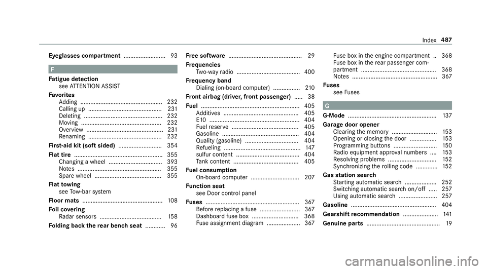 MERCEDES-BENZ G-CLASS 2019 Owners Manual Ey
eg lass escom partmen t........... ..............93 F
Fa tig ue detection
see ATTENTION ASSIST
Fa vo rite s
Ad ding .................................................2 32
Ca lling up ....... ....... MERCEDES-BENZ G-CLASS 2019 Owners Manual Ey
eg lass escom partmen t........... ..............93 F
Fa tig ue detection
see ATTENTION ASSIST
Fa vo rite s
Ad ding .................................................2 32
Ca lling up ....... .......