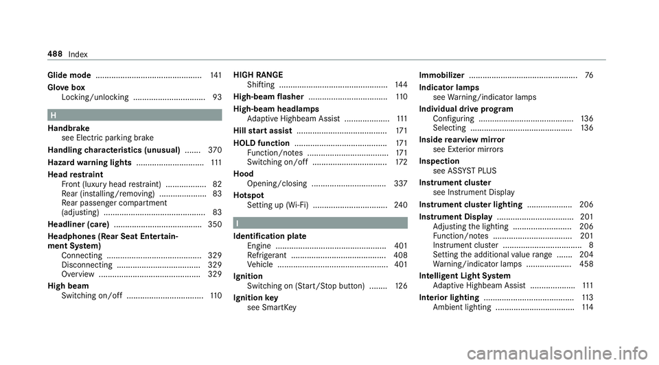 MERCEDES-BENZ G-CLASS 2019 Owners Manual Glide
mode ............................................... 141
Glo vebox
Loc king /unloc king................................ 93 H
Hand brak e
see Elect ric pa rking brak e
Hand lingcharact eristics ( MERCEDES-BENZ G-CLASS 2019 Owners Manual Glide
mode ............................................... 141
Glo vebox
Loc king /unloc king................................ 93 H
Hand brak e
see Elect ric pa rking brak e
Hand lingcharact eristics (
