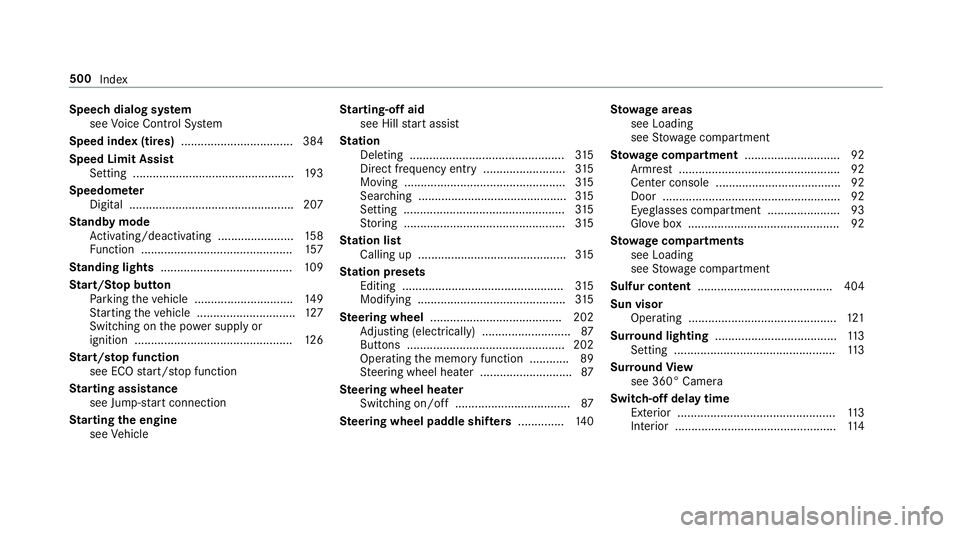 MERCEDES-BENZ G-CLASS 2019 Owners Manual Speec
hdialog system
see Voice Cont rolSy stem
Speed index(tir es) ..................................3 84
Speed LimitAssist
Se ttin g............................................. ....1 93
Spee dome te MERCEDES-BENZ G-CLASS 2019 Owners Manual Speec
hdialog system
see Voice Cont rolSy stem
Speed index(tir es) ..................................3 84
Speed LimitAssist
Se ttin g............................................. ....1 93
Spee dome te