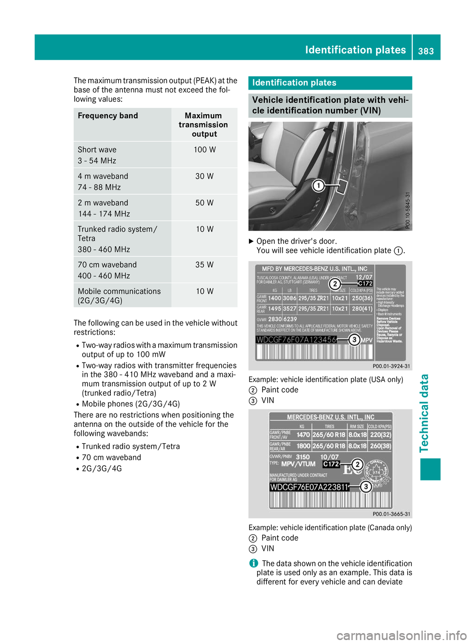 MERCEDES-BENZ GLS SUV 2019  Owners Manual The maximum transmission output (PEAK) at the
base of the antenna must not exceed the fol-
lowing values: Frequency band Maximum
transmission output Short wave
3 - 54 MHz 100 W
4 m waveband
74 - 88 MH