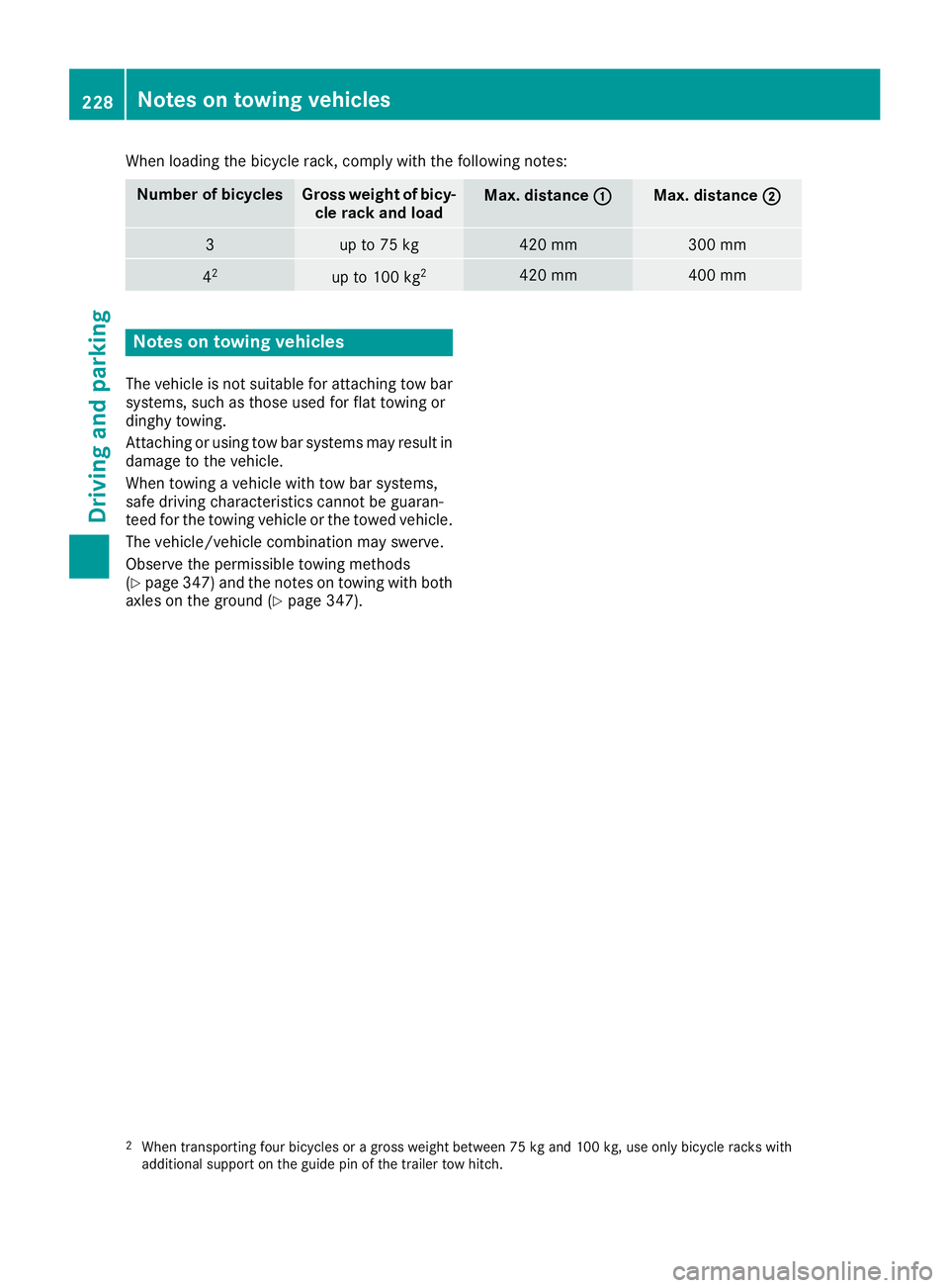 MERCEDES-BENZ GLE SUV 2019 Owners Manual When loading the bicycle rack, comply with the following notes:
Number of bicycles Gross weight of bicy-
cle rack and load Max. distance
0043
0043 Max. distance
0044
0044 3 up to 75 kg 420 mm 300 mm
4 MERCEDES-BENZ GLE SUV 2019 Owners Manual When loading the bicycle rack, comply with the following notes:
Number of bicycles Gross weight of bicy-
cle rack and load Max. distance
0043
0043 Max. distance
0044
0044 3 up to 75 kg 420 mm 300 mm
4