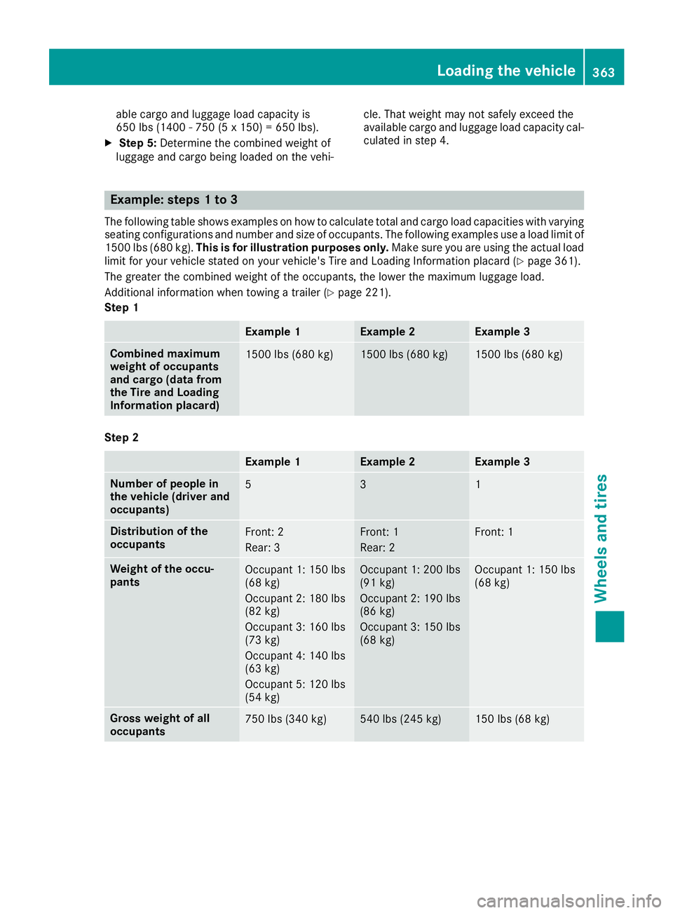 MERCEDES-BENZ GLE SUV 2019  Owners Manual able cargo and luggage load capacity is
650 lbs (1400 - 750 (5 x 150) = 650 lbs).
X Step 5: Determine the combined weight of
luggage and cargo being loaded on the vehi- cle. That weight may not safely