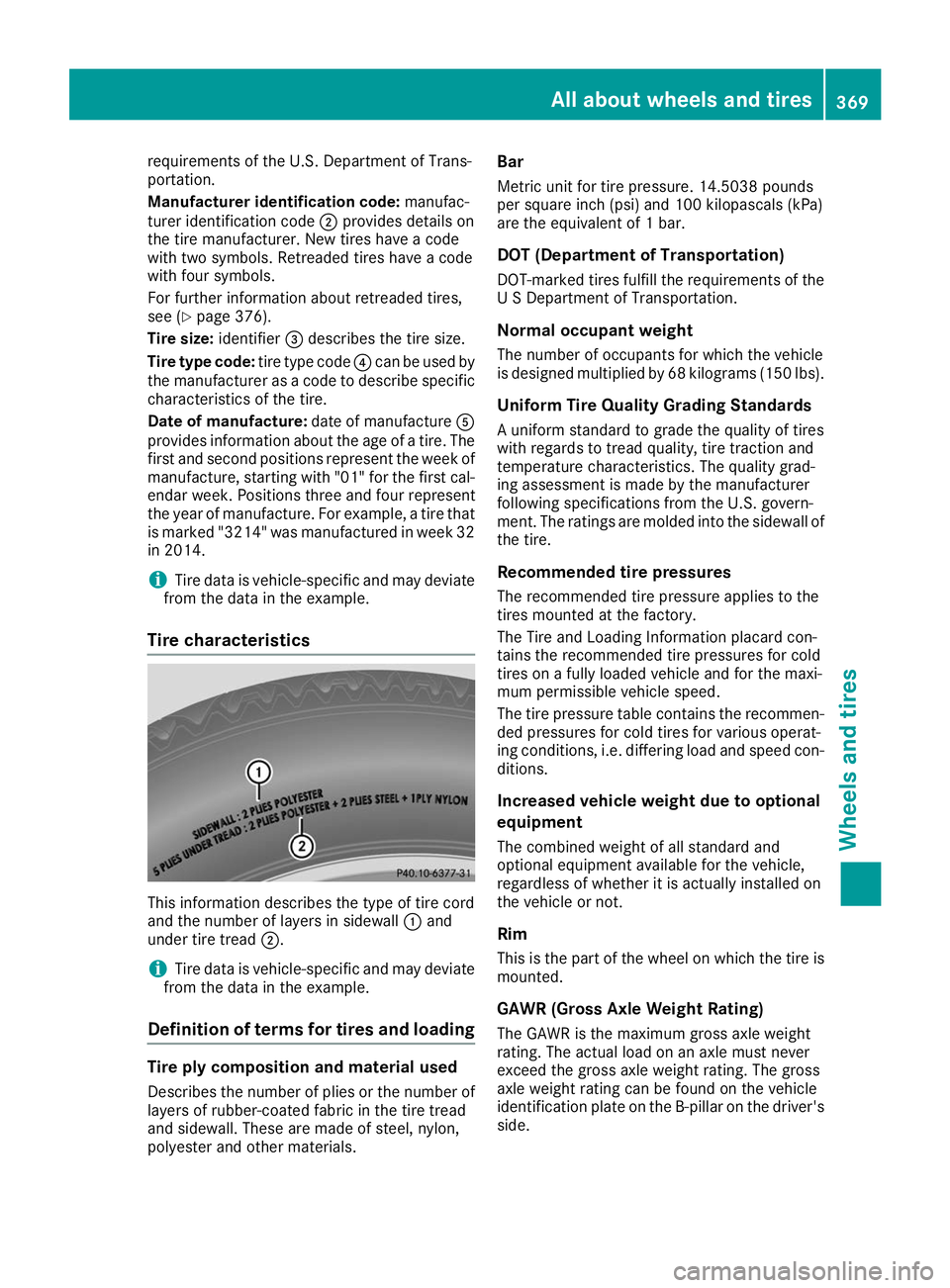 MERCEDES-BENZ GLE SUV 2019 Owners Manual requirements of the U.S. Department of Trans-
portation.
Manufacturer identification code: manufac-
turer identification code 0044provides details on
the tire manufacturer. New tires have a code
with MERCEDES-BENZ GLE SUV 2019 Owners Manual requirements of the U.S. Department of Trans-
portation.
Manufacturer identification code: manufac-
turer identification code 0044provides details on
the tire manufacturer. New tires have a code
with