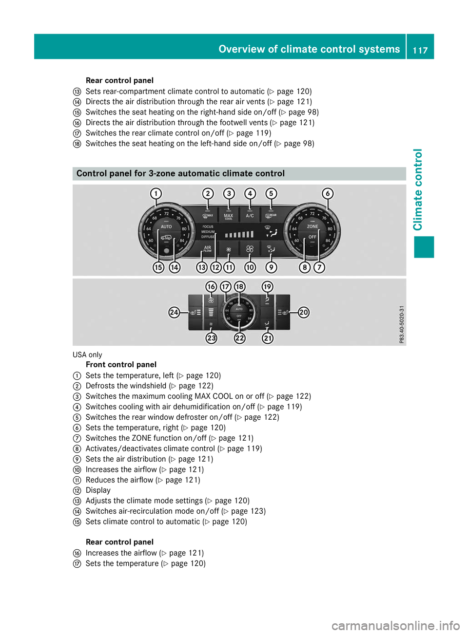 MERCEDES-BENZ GLE COUPE 2019  Owners Manual Rear control panel
0071 Sets rear-compartment climate control to automatic (Y page 120)
0072 Directs the air distribution through the rear air vents (Y page 121)
0073 Switches the seat heating on the 