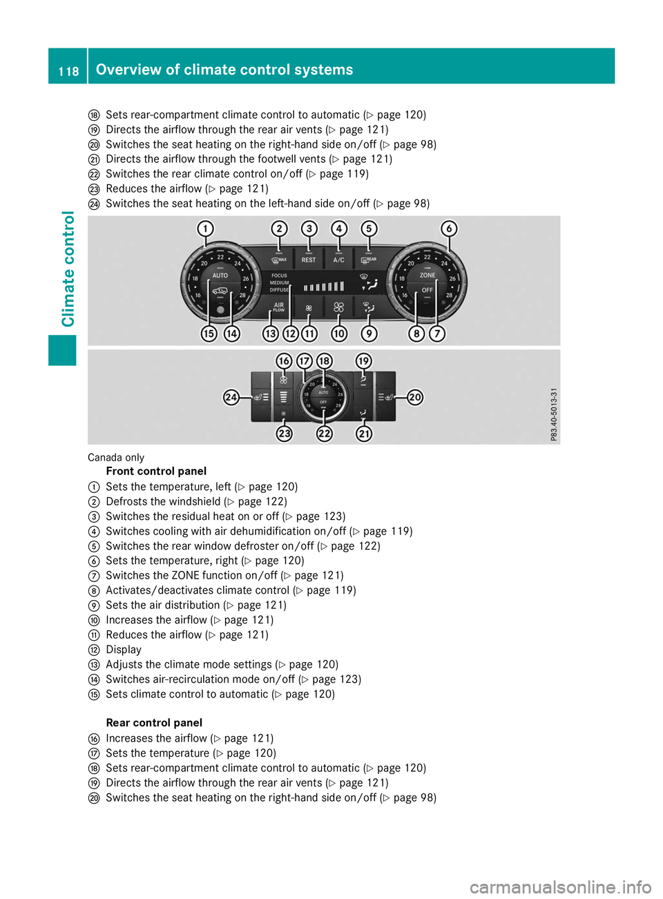 MERCEDES-BENZ GLE COUPE 2019  Owners Manual 0076
Sets rear-compartment climate control to automatic (Y page 120)
0077 Directs the airflow through the rear air vents (Y page 121)
0078 Switches the seat heating on the right-hand side on/off (Y pa