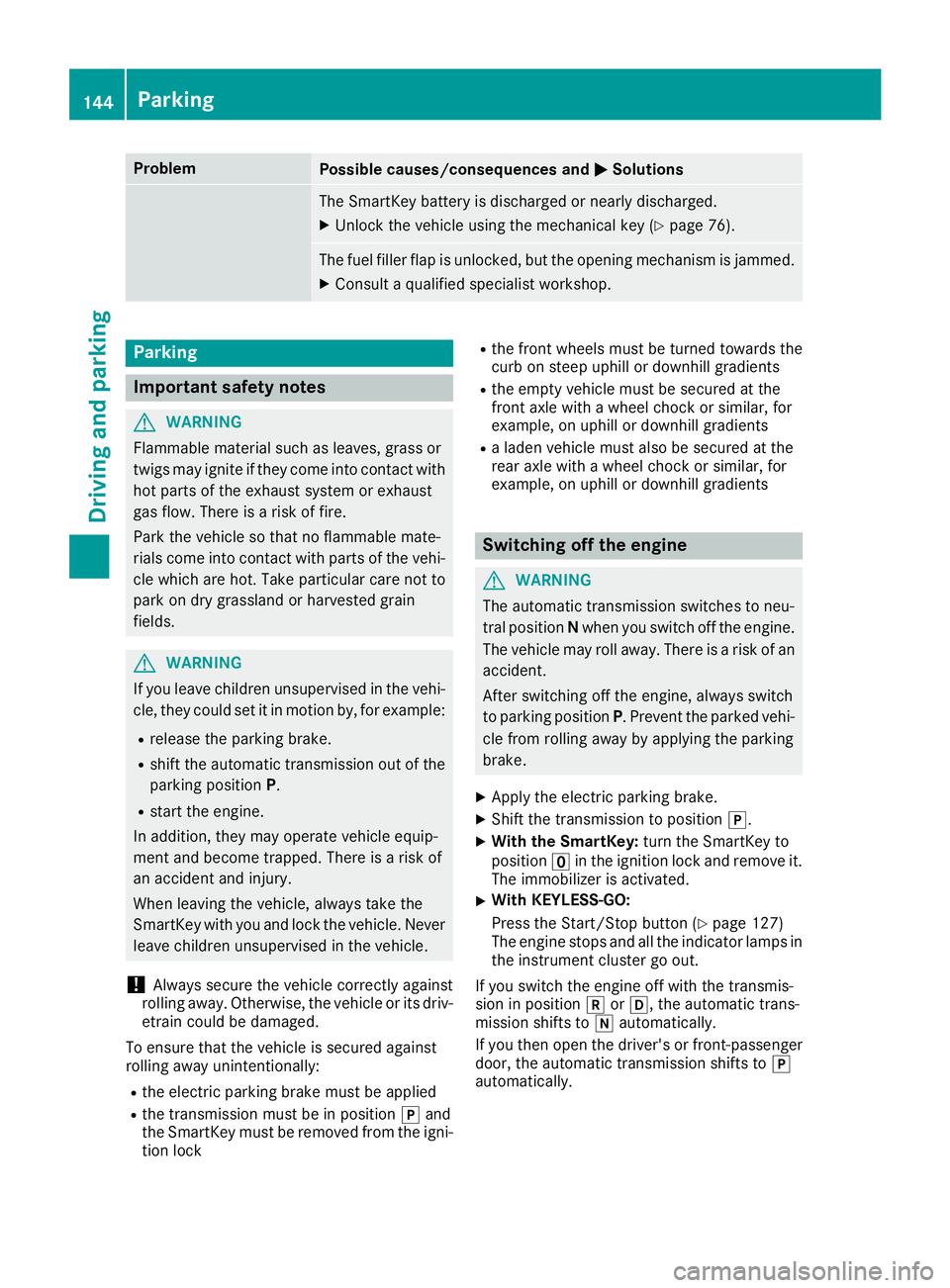 MERCEDES-BENZ GLE COUPE 2019 Owners Manual Problem
Possible causes/consequences and
0050
0050Solutions The SmartKey battery is discharged or nearly discharged.
X Unlock the vehicle using the mechanical key (Y page 76).The fuel filler flap is u MERCEDES-BENZ GLE COUPE 2019 Owners Manual Problem
Possible causes/consequences and
0050
0050Solutions The SmartKey battery is discharged or nearly discharged.
X Unlock the vehicle using the mechanical key (Y page 76).The fuel filler flap is u