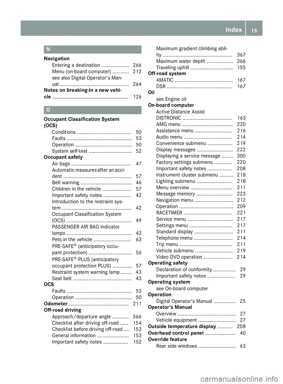 MERCEDES-BENZ GLE COUPE 2019 User Guide N
Navigation Entering a destination .................... 266
Menu (on-board computer) ............ 212
see also Digital Operator's Man-
ua l.................................................. 264
N