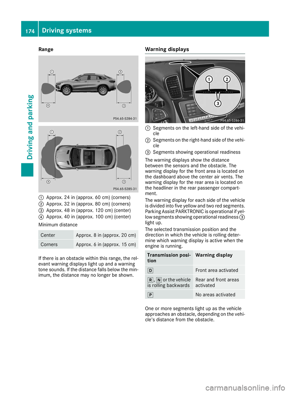 MERCEDES-BENZ GLE COUPE 2019  Owners Manual Range
0043
Approx. 24 in (approx. 60 cm) (corners)
0044 Approx. 32 in (approx. 80 cm) (corners)
0087 Approx. 48 in (approx. 120 cm) (center)
0085 Approx. 40 in (approx. 100 cm) (center)
Minimum distan