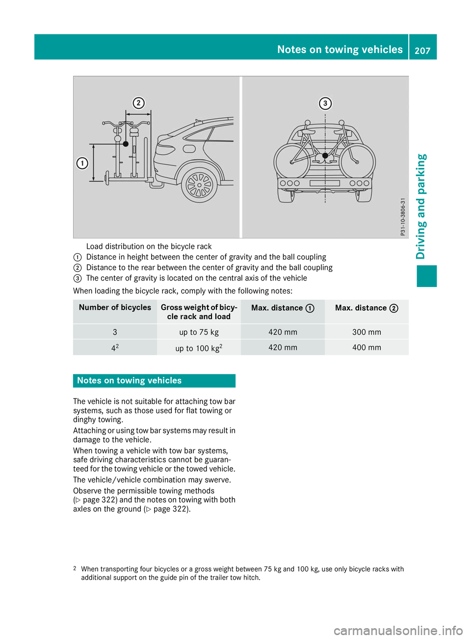 MERCEDES-BENZ GLE COUPE 2019  Owners Manual Load distribution on the bicycle rack
0043 Distance in height between the center of gravity and the ball coupling
0044 Distance to the rear between the center of gravity and the ball coupling
0087 The