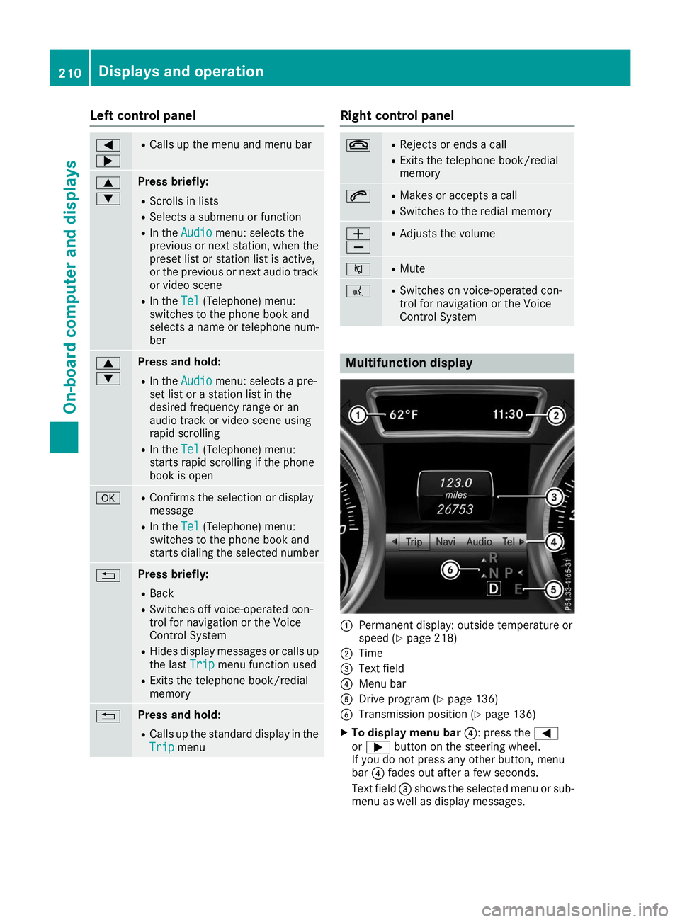 MERCEDES-BENZ GLE COUPE 2019  Owners Manual Left control panel
0059
0065 R
Calls up the menu and menu bar 0063
0064 Press briefly:
R Scrolls in lists
R Selects a submenu or function
R In the Audio Audio menu: selects the
previous or next statio