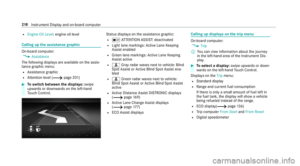 MERCEDES-BENZ C-CLASS CABRIOLET 2019  Owners Manual R
Engi neOilLev el:eng ineoille ve l Callin
gup theassis tance graphic On-board
computer:
0018 Assista nce
The follo wing displa ysareav ailable ontheassis‐
ta nce grap hicmenu :
R Assi stanc egr ap