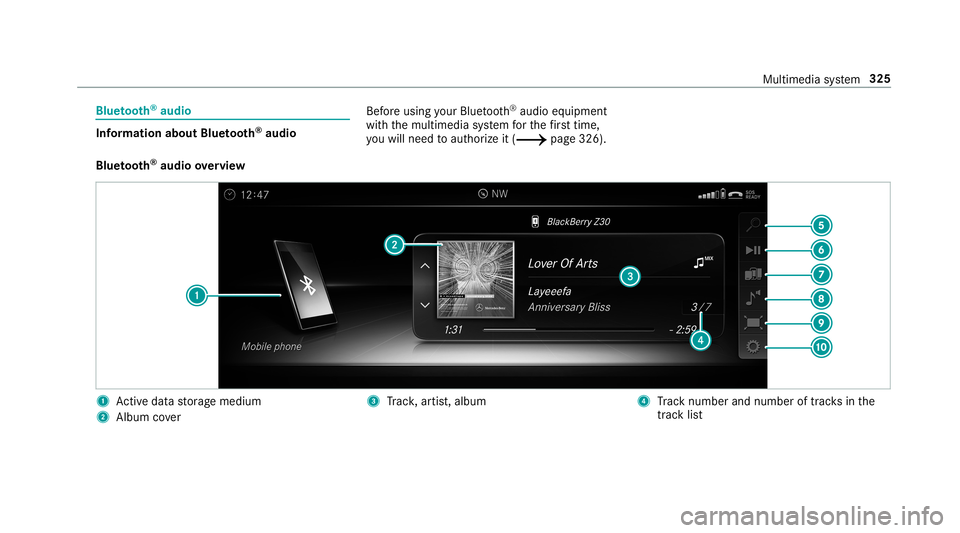 MERCEDES-BENZ C-CLASS CABRIOLET 2019 Owners Manual Blue
tooth®
audio Inf
ormation aboutBluetooth®
audio Bef
oreusi ng your Blue tooth®
audio equipme nt
wit hth emultimedia system forth efirs ttim e,
yo uwill need toaut hor ize it(0013 page32 6).
Bl MERCEDES-BENZ C-CLASS CABRIOLET 2019 Owners Manual Blue
tooth®
audio Inf
ormation aboutBluetooth®
audio Bef
oreusi ng your Blue tooth®
audio equipme nt
wit hth emultimedia system forth efirs ttim e,
yo uwill need toaut hor ize it(0013 page32 6).
Bl