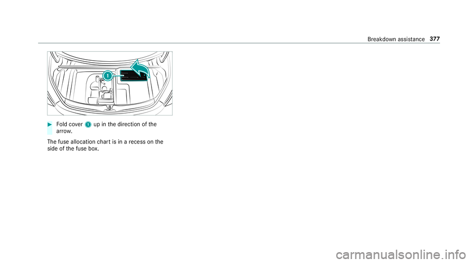 MERCEDES-BENZ C-CLASS CABRIOLET 2019 Owners Manual 0007
Foldcover1 upinthedir ect ion ofthe
ar row .
The fuse allocation chartis in are cess onthe
side ofthefuse box. Br
eakdo wnassis tance 37
7 MERCEDES-BENZ C-CLASS CABRIOLET 2019 Owners Manual 0007
Foldcover1 upinthedir ect ion ofthe
ar row .
The fuse allocation chartis in are cess onthe
side ofthefuse box. Br
eakdo wnassis tance 37
7