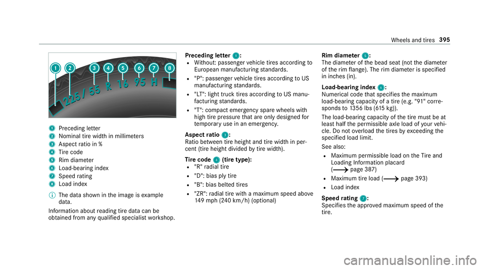 MERCEDES-BENZ C-CLASS CABRIOLET 2019  Owners Manual 1
Preceding letter
2 Nominal tirewidt hin millime ters
3 Aspe ctratio in%
4 Tire code
5 Rim diame ter
6 Load-be aring inde x
7 Speed rating
8 Loadind ex
0009 The datasho wnintheimag eis exam ple
dat a