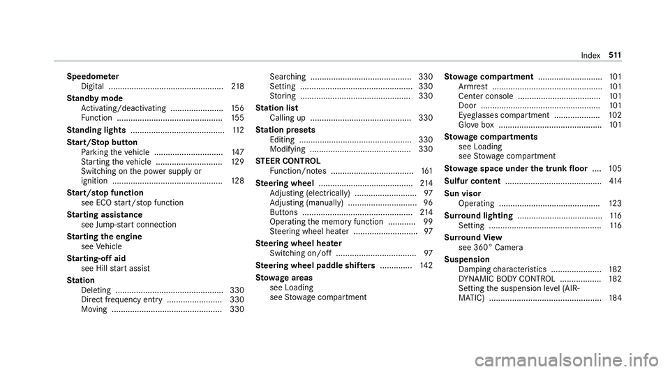MERCEDES-BENZ C-CLASS CABRIOLET 2019 Owners Manual Speedome
ter
Dig ital ............ ......................................218
St andb ymode
Ac tivati ng/d eactiv ating ........... ............156
Fu nctio n<001100110011001100110011001100110011001100 MERCEDES-BENZ C-CLASS CABRIOLET 2019 Owners Manual Speedome
ter
Dig ital ............ ......................................218
St andb ymode
Ac tivati ng/d eactiv ating ........... ............156
Fu nctio n<001100110011001100110011001100110011001100