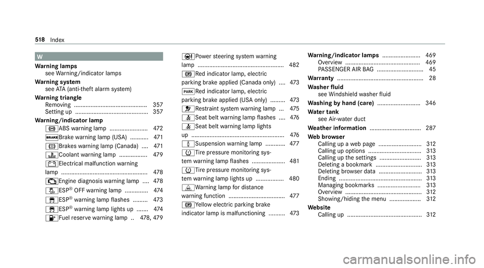 MERCEDES-BENZ C-CLASS CABRIOLET 2019 Owners Manual W
Wa rning lam ps
see Warning/ indic ator lam ps
Wa rning system
see ATA(anti-t heftal ar m system)
Wa rning triang le
Re mo ving ............................................ 357
Se tting up.......... MERCEDES-BENZ C-CLASS CABRIOLET 2019 Owners Manual W
Wa rning lam ps
see Warning/ indic ator lam ps
Wa rning system
see ATA(anti-t heftal ar m system)
Wa rning triang le
Re mo ving ............................................ 357
Se tting up..........