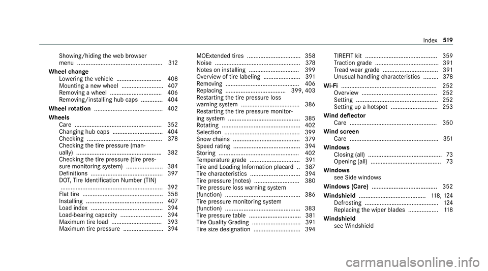 MERCEDES-BENZ C-CLASS CABRIOLET 2019 Owners Manual Sho
wing/hi ding thewe bbr ows er
menu ................................................... 312
Wheel chang e
Lo we ring theve hicle ........................... 408
Mounting ane wwheel ................ MERCEDES-BENZ C-CLASS CABRIOLET 2019 Owners Manual Sho
wing/hi ding thewe bbr ows er
menu ................................................... 312
Wheel chang e
Lo we ring theve hicle ........................... 408
Mounting ane wwheel ................