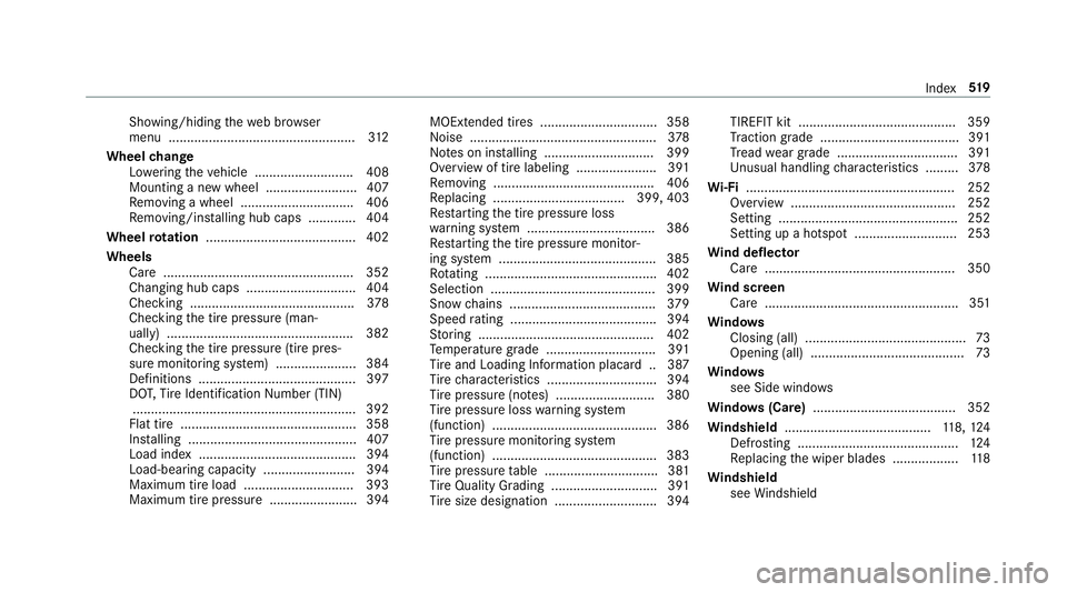 MERCEDES-BENZ C-CLASS CABRIOLET 2019  Owners Manual Sho
wing/hi ding thewe bbr ows er
menu ................................................... 312
Wheel chang e
Lo we ring theve hicle ........................... 408
Mounting ane wwheel ................