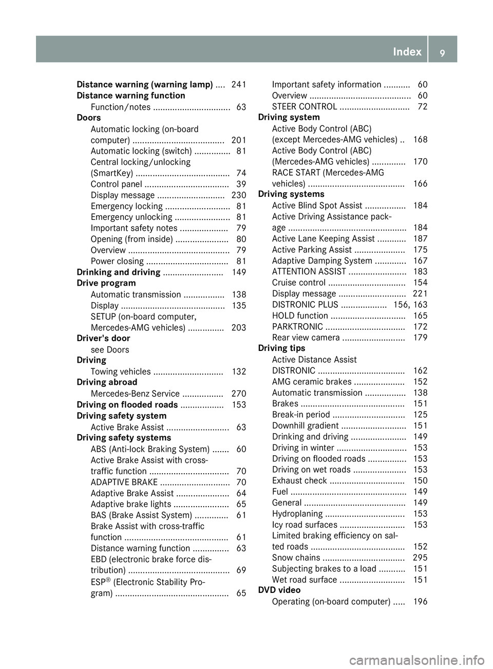 MERCEDES-BENZ SL ROADSTER 2019 User Guide Dist
ancewar ning (warning lamp).... 241
Dist ancewar ning funct ion
Fun ction /notes ................................ 63
Door s
Aut oma tic loc king (on -boar d
co mput er)........................... MERCEDES-BENZ SL ROADSTER 2019 User Guide Dist
ancewar ning (warning lamp).... 241
Dist ancewar ning funct ion
Fun ction /notes ................................ 63
Door s
Aut oma tic loc king (on -boar d
co mput er)...........................