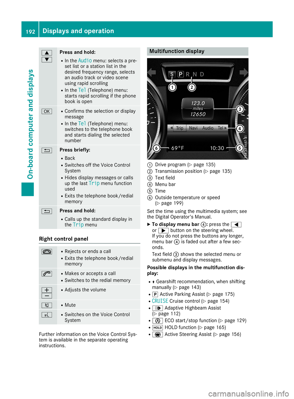MERCEDES-BENZ SL ROADSTER 2019 Owners Manual 0063
0064 Press
andhold:
R In the Audio Audio
menu: selects apre-
set listorastation listinthe
desired frequency range,selects
an audio trackorvideo scene
using rapidscrolling
R In the Tel Tel
(Teleph MERCEDES-BENZ SL ROADSTER 2019 Owners Manual 0063
0064 Press
andhold:
R In the Audio Audio
menu: selects apre-
set listorastation listinthe
desired frequency range,selects
an audio trackorvideo scene
using rapidscrolling
R In the Tel Tel
(Teleph