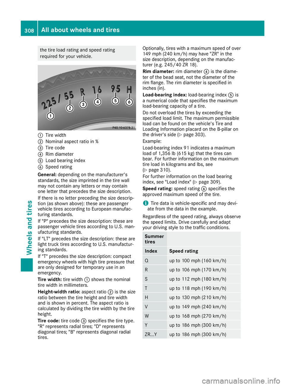 MERCEDES-BENZ SL ROADSTER 2019  Owners Manual the
tire load rating andspee dra ting
req uired foryour veh icle. 0043
Tire width
0044 Nom inalas pe ct ratio in%
0087 Tire cod e
0085 Rim diam ete r
0083 Loadbe aring index
0084 Spe edrating
Ge neral