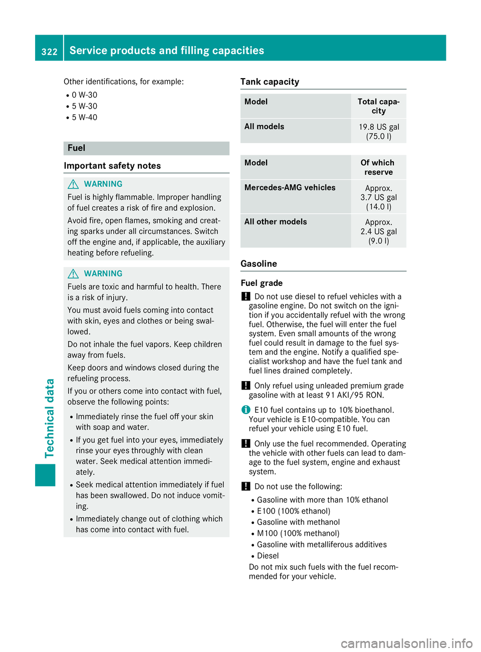 MERCEDES-BENZ SL ROADSTER 2019  Owners Manual Other
identifications, forexample:
R 0W-30
R 5W-30
R 5W-40 Fuel
Importa ntsafety notes G
WARNING
Fuel ishighly flammabl e.Improper handling
of fuel creates arisk offire and explosion.
Avoid fire,open 