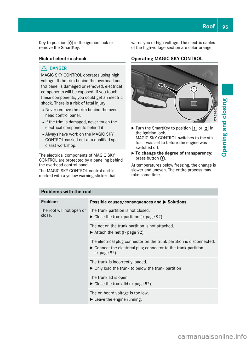 MERCEDES-BENZ SL ROADSTER 2019 Owners Manual Key
topositio n0092 inthe ignition lockor
remove theSmartKey.
Risk ofele ctric shock G
DA
NGER
MAGIC SKYCONTR OLopera tesusing high
voltage .If the trim behind theoverhea dcon-
trol panel isdama gedor