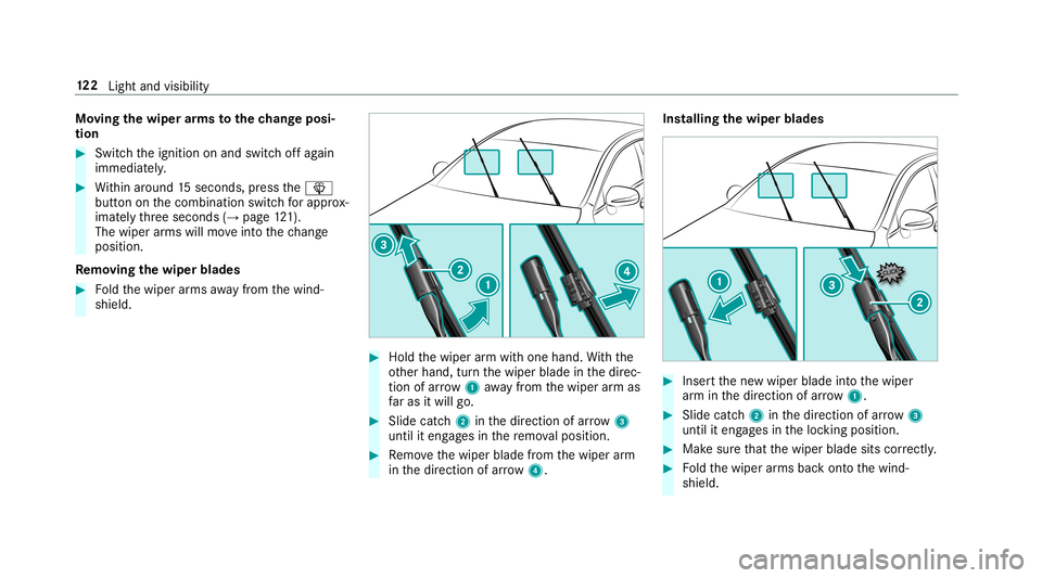 MERCEDES-BENZ E-CLASS CABRIOLET 2019 Owners Manual Mo
ving thewiper arms tothech ang eposi ‐
tion 0007
Switc hth eignition onand switc hof fag ain
immediat ely. 0007
Within around 15seconds, press the00D4
butt ononthecombin ationswitchfo rapp rox‐ MERCEDES-BENZ E-CLASS CABRIOLET 2019 Owners Manual Mo
ving thewiper arms tothech ang eposi ‐
tion 0007
Switc hth eignition onand switc hof fag ain
immediat ely. 0007
Within around 15seconds, press the00D4
butt ononthecombin ationswitchfo rapp rox‐