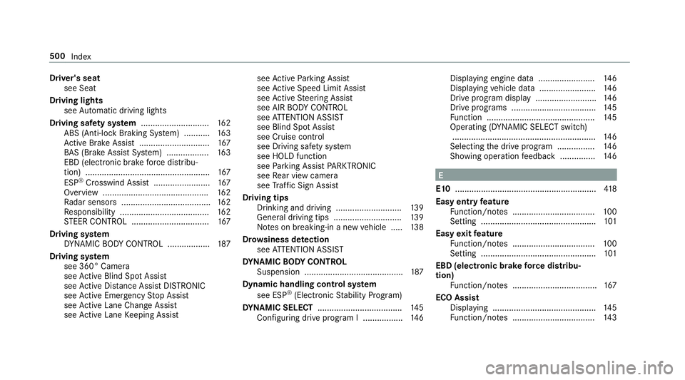 MERCEDES-BENZ E-CLASS CABRIOLET 2019 Owners Manual Dr
iver' ssea t
see Seat
Dr ivin gligh ts
see Automatic driving lights
Dr ivin gsaf etysy stem .............................1 62
ABS (Anti-loc kBr aking System) ........... 163
Ac tiveBr ak eAssi MERCEDES-BENZ E-CLASS CABRIOLET 2019 Owners Manual Dr
iver' ssea t
see Seat
Dr ivin gligh ts
see Automatic driving lights
Dr ivin gsaf etysy stem .............................1 62
ABS (Anti-loc kBr aking System) ........... 163
Ac tiveBr ak eAssi