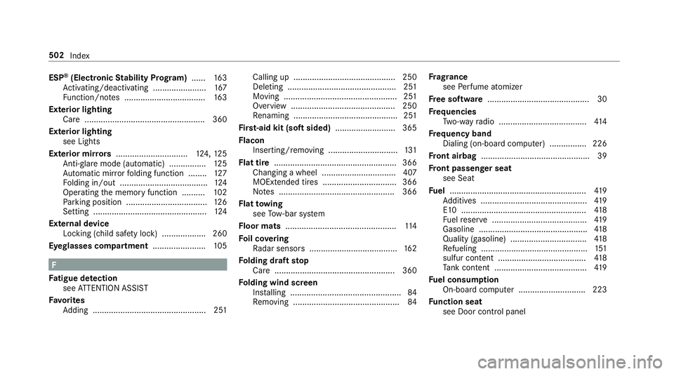 MERCEDES-BENZ E-CLASS CABRIOLET 2019 Owners Manual ESP
®
(Electr onicStabil ityProg ram) ...... 163
Ac tivati ng/d eactiv ating ........... ........... .167
Fu nctio n/no tes ................................... 163
Ext erior light ing
Car e.......... MERCEDES-BENZ E-CLASS CABRIOLET 2019 Owners Manual ESP
®
(Electr onicStabil ityProg ram) ...... 163
Ac tivati ng/d eactiv ating ........... ........... .167
Fu nctio n/no tes ................................... 163
Ext erior light ing
Car e..........