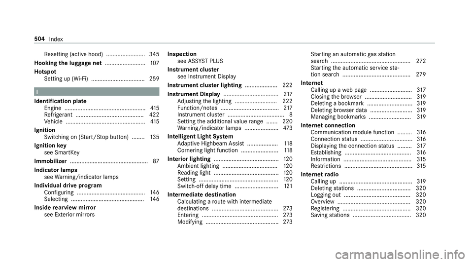 MERCEDES-BENZ E-CLASS CABRIOLET 2019 Owners Manual Re
settin g(activ ehood) ........................ 345
Hooking thelugg agene t.........................1 07
Ho tspo t
Se tting up(Wi-Fi) .................................259 I
Iden tificatio nplat e
En MERCEDES-BENZ E-CLASS CABRIOLET 2019 Owners Manual Re
settin g(activ ehood) ........................ 345
Hooking thelugg agene t.........................1 07
Ho tspo t
Se tting up(Wi-Fi) .................................259 I
Iden tificatio nplat e
En