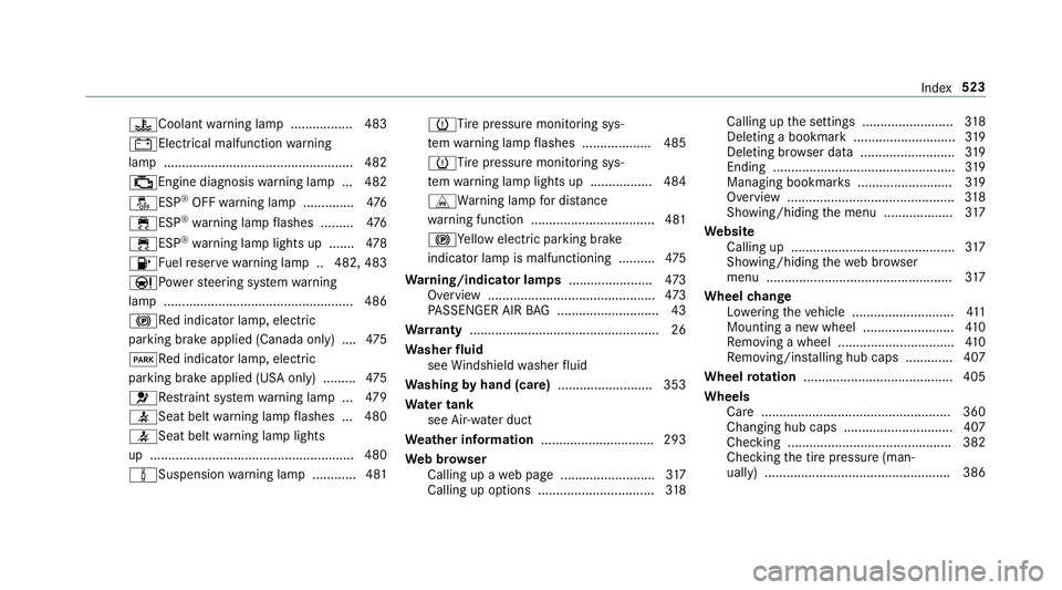 MERCEDES-BENZ E-CLASS CABRIOLET 2019 Owners Manual 00AC
Coolan twa rning lam p.................4 83
003DElectr icalmalfunction warning
lam p...... .......................................... .... 482
00B9En ginediagno siswarning lam p...4 82
00BBESP ® MERCEDES-BENZ E-CLASS CABRIOLET 2019 Owners Manual 00AC
Coolan twa rning lam p.................4 83
003DElectr icalmalfunction warning
lam p...... .......................................... .... 482
00B9En ginediagno siswarning lam p...4 82
00BBESP ®