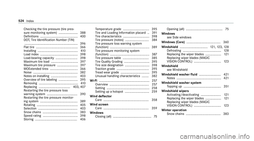 MERCEDES-BENZ E-CLASS CABRIOLET 2019 Owners Manual Chec
kingth etir epr essur e(tir epr es‐
sur emonit oring system) ......................3 88
Def initio ns....... ................................... .400
DO T,Tire Identif ication Number (TIN)
.... MERCEDES-BENZ E-CLASS CABRIOLET 2019 Owners Manual Chec
kingth etir epr essur e(tir epr es‐
sur emonit oring system) ......................3 88
Def initio ns....... ................................... .400
DO T,Tire Identif ication Number (TIN)
....